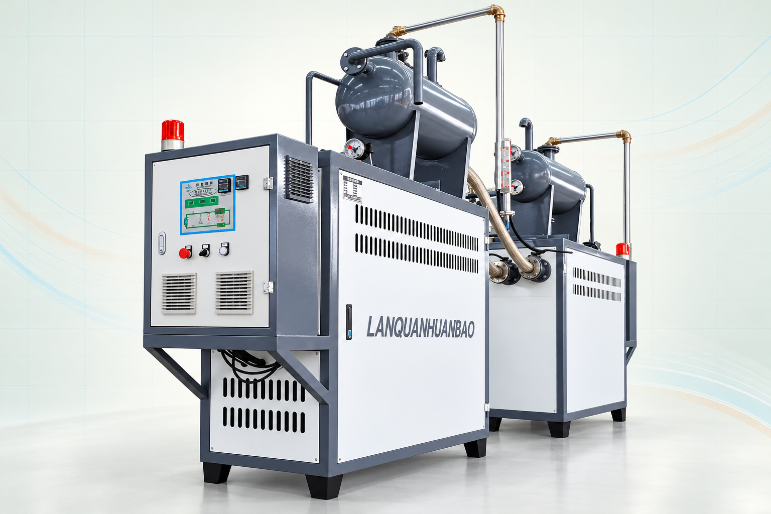 Two heating system units with control cabinets, pipework and vessels